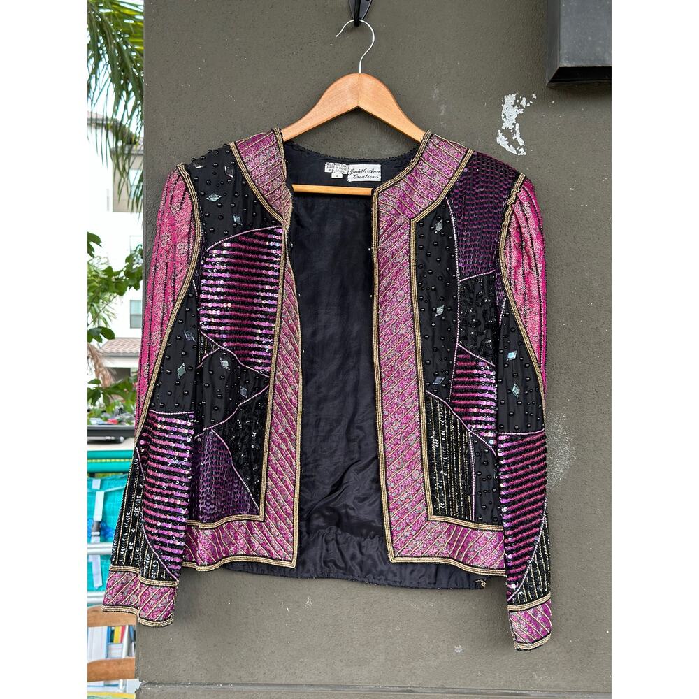 Vintage 80s Judith Ann Creations Multicolor Beaded Sequins Silk Patchwork Jacket - Picture 7 of 14